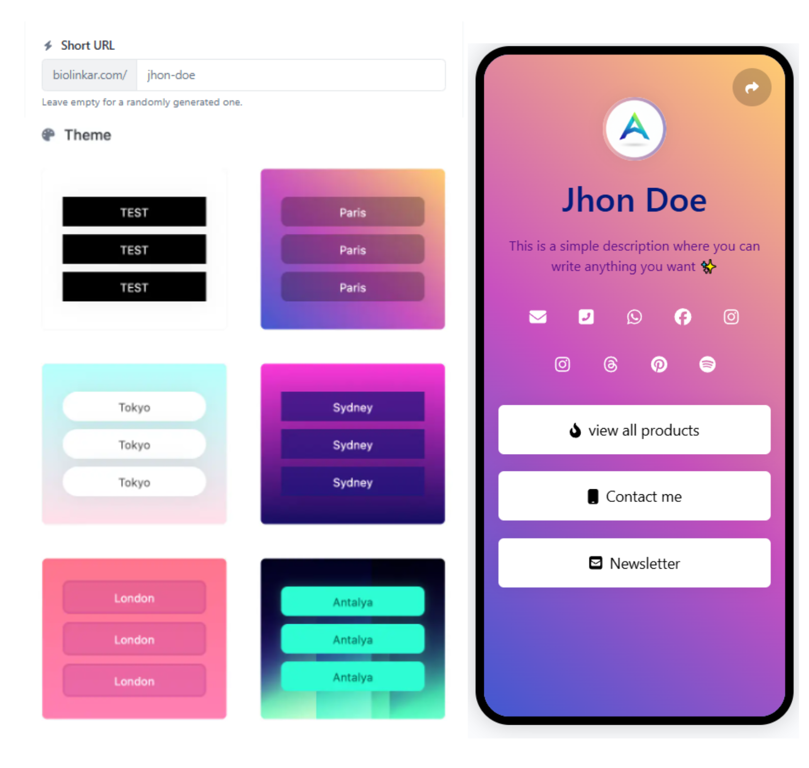 Screenshot of the app biolink editing page