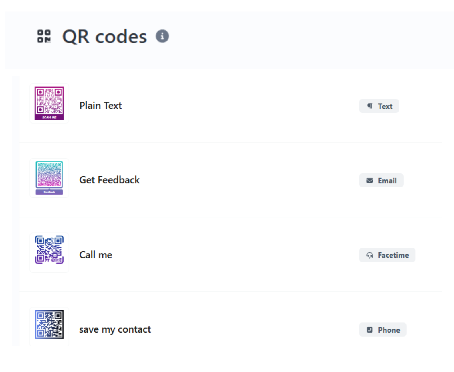 Screenshot of the app QR code system page